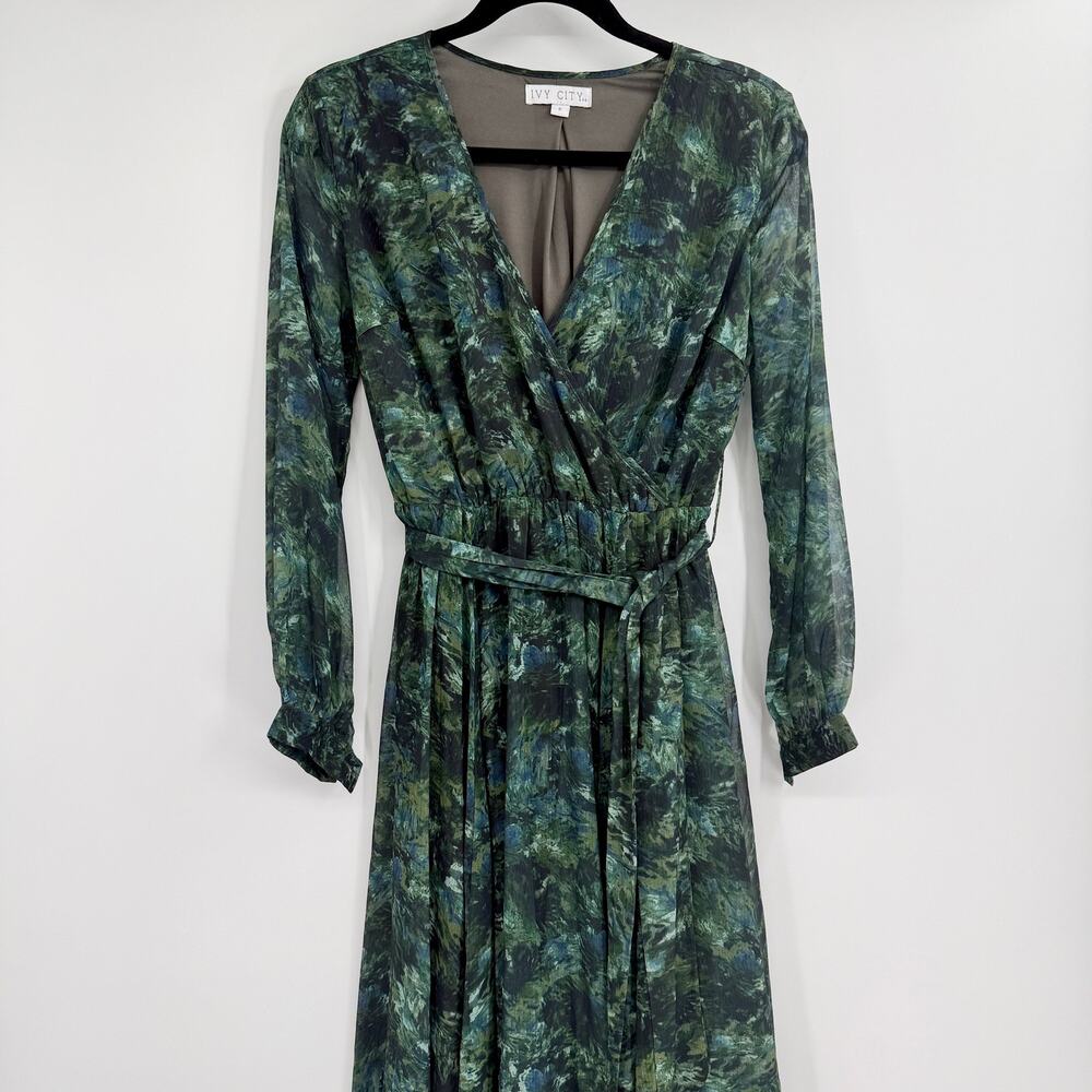 Ivy City Co Laney Green Watercolor Tiered Bishop Sleeve Maxi Sundress Size Small - Picture 3 of 6